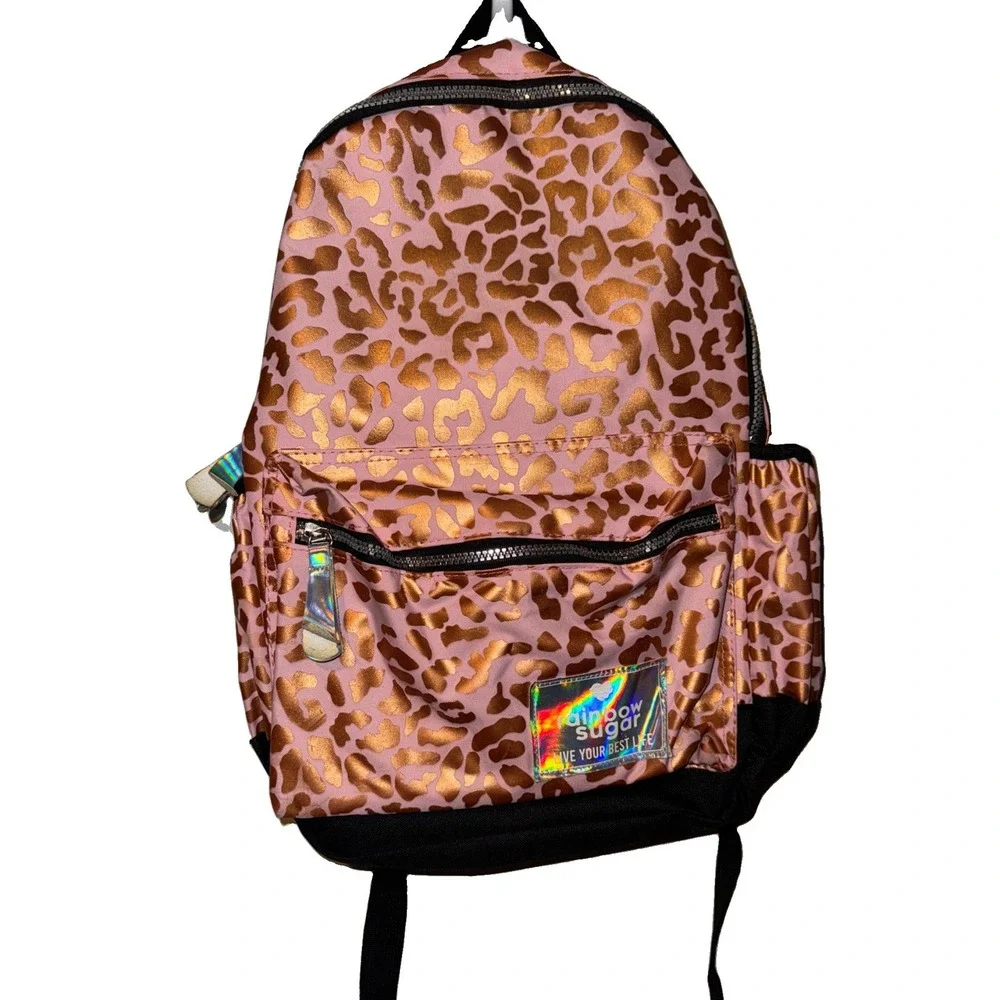 Rainbow Sugar Backpack Pink Metallic Leopard Print 16 X 11